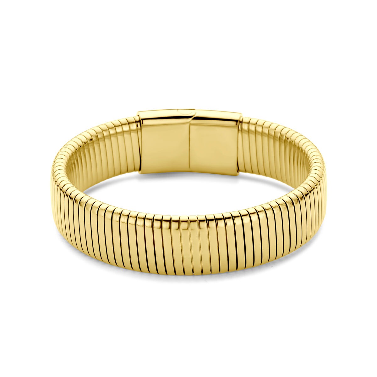 Pulsera de acero dorado de 15 mm de ancho y 18,5 cm de largo con diseño estriado.