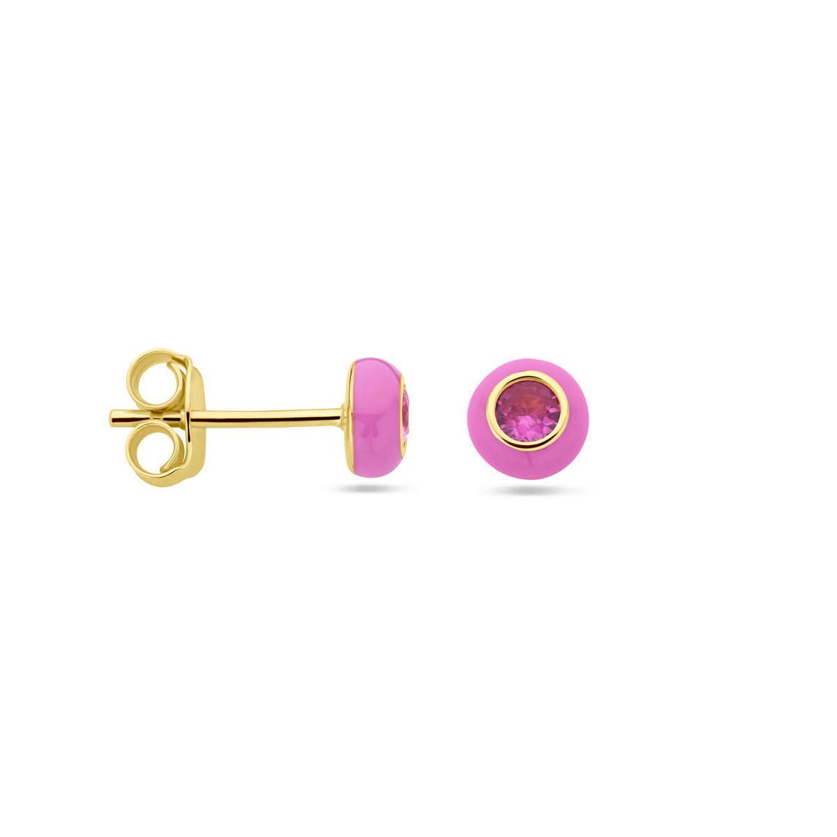 Pendientes de botón chapados en oro con esmalte rosa y circonitas rosas