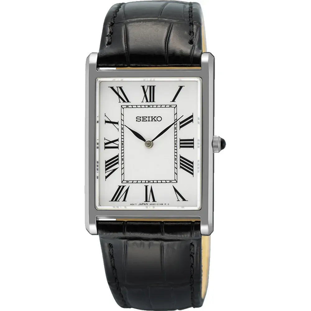 Reloj rectangular de acero inoxidable con esfera blanca y números romanos, correa de cuero negra.