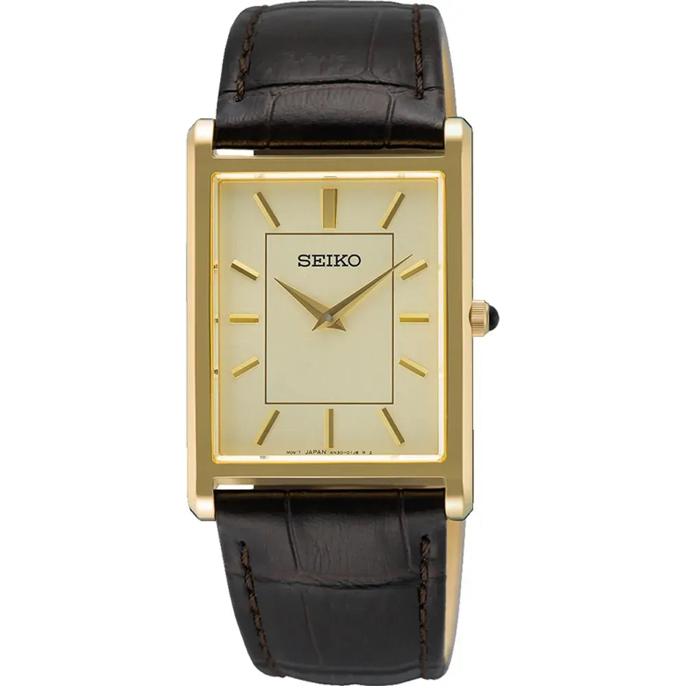 Reloj rectangular dorado con esfera beige y correa de cuero marrón.