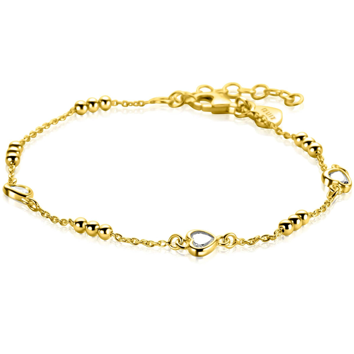 Pulsera dorada con detalles en forma de corazón y esferas brillantes.