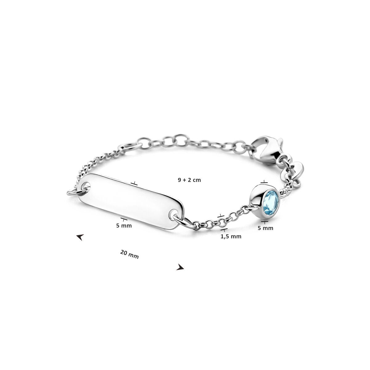 pulsera de grabado placa 5,0 mm con piedra de nacimiento 9 + 2 cm plata rodiada