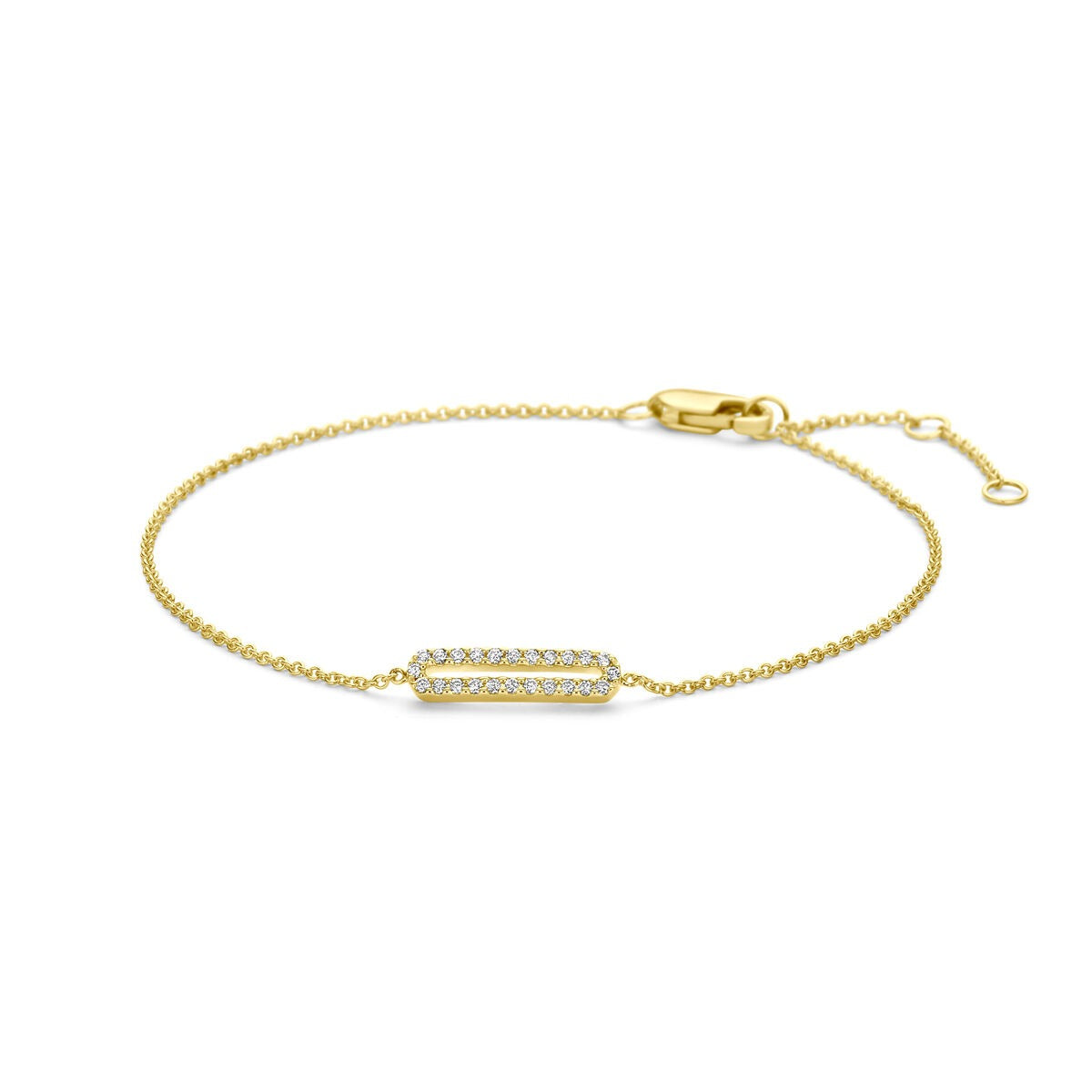 Pulsera de dama de 14k en oro amarillo con un detalle rectangular de diamantes.