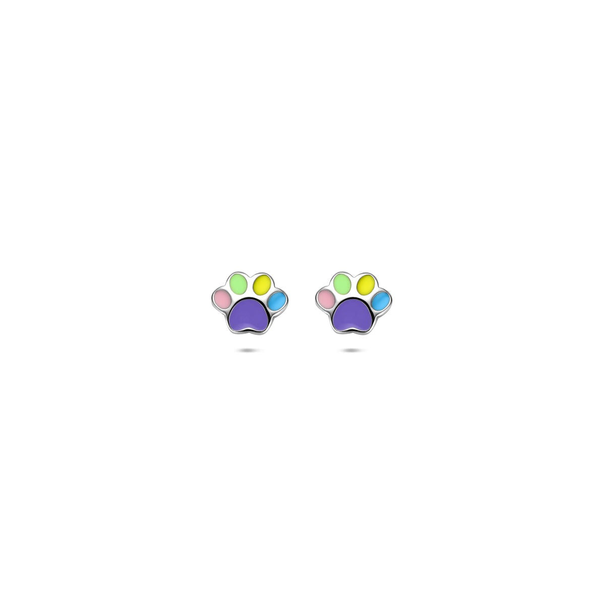 Pendientes de primera puesta de plata con esmalte en forma de huella de perro, detalles coloridos.