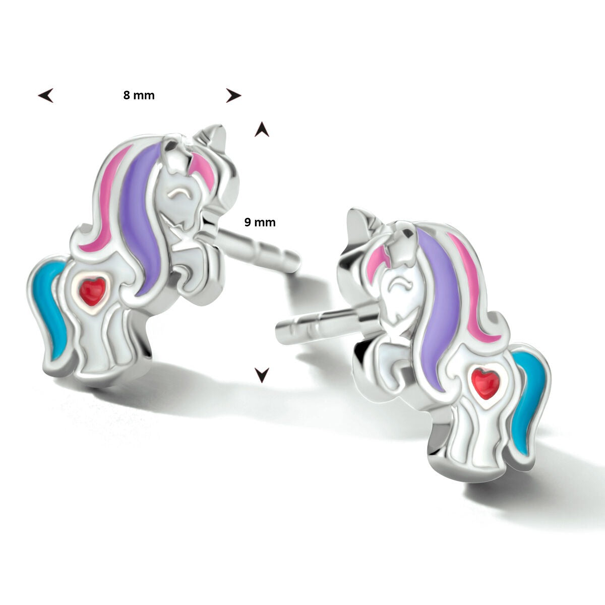 Pendientes de botón de plata rodiada unicornio