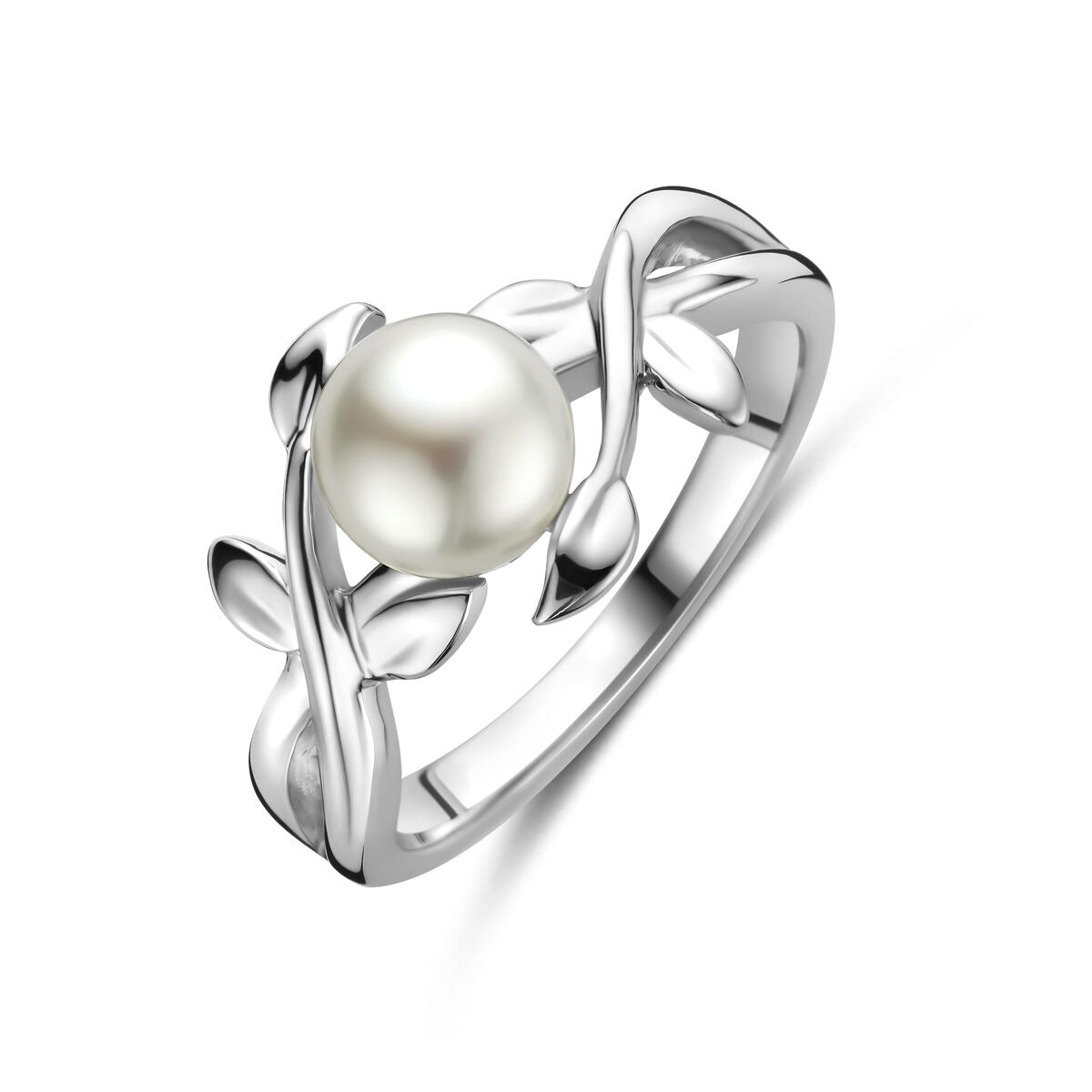 Anillo de plata rodiada con perla y diseño de hojas.