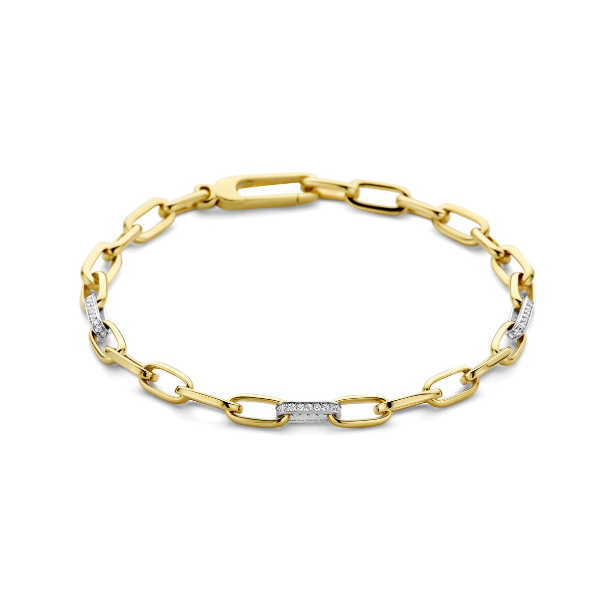 Pulsera bicolor de 14k en oro amarillo y blanco con detalles de diamantes.
