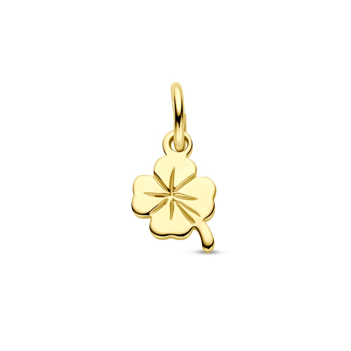 Colgante de trébol en oro amarillo de 9 quilates con detalles grabados.