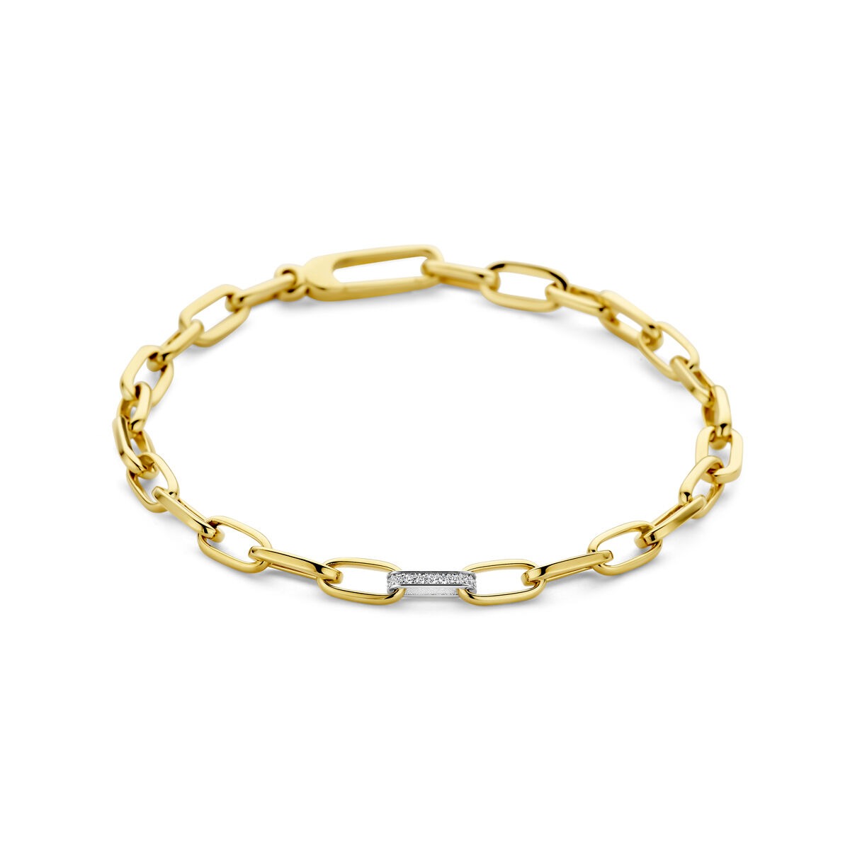Pulsera bicolor de 14k con un detalle de diamante en el centro.