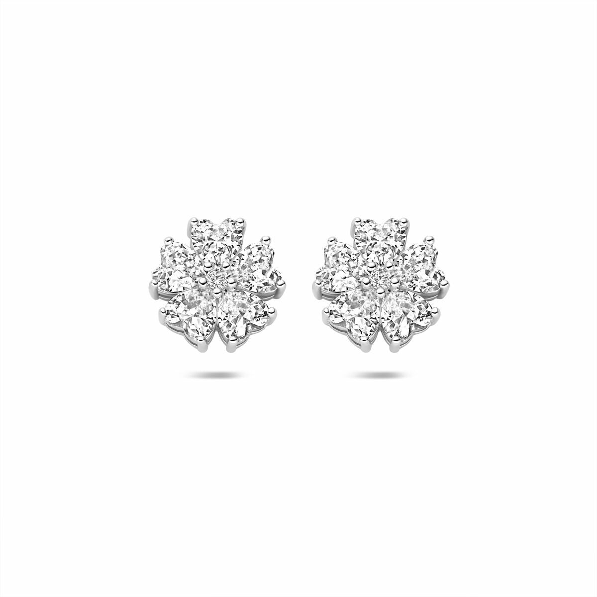 Pendientes de plata rodiada con circonitas en forma de flor.