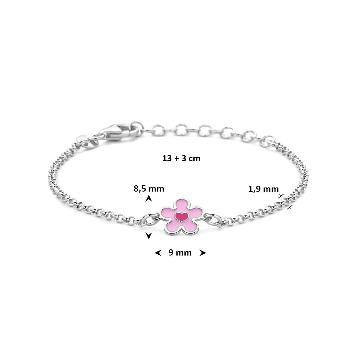 Pulsera infantil de plata rodiada con flor y corazoncito