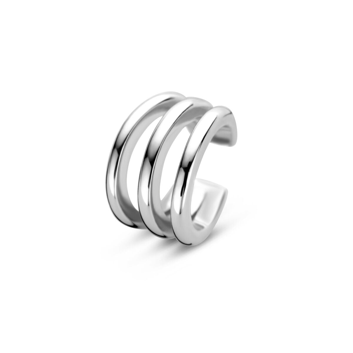 Ear cuff de plata rodiada con tres bandas lisas y brillantes.