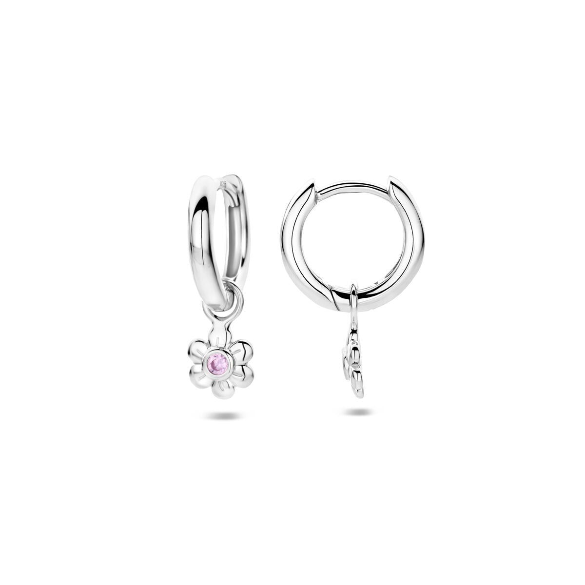 Aros de plata con zirconia rosa y diseño de flor