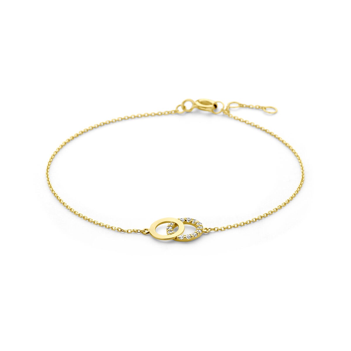 Pulsera de oro de 9 quilates con zircón, color dorado, con un diseño de eslabones y detalles brillantes.