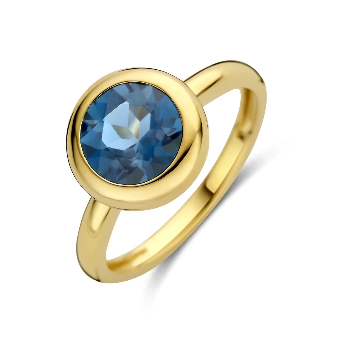 Anillo de dama en oro amarillo de 14k con topacio London Blue redondo.
