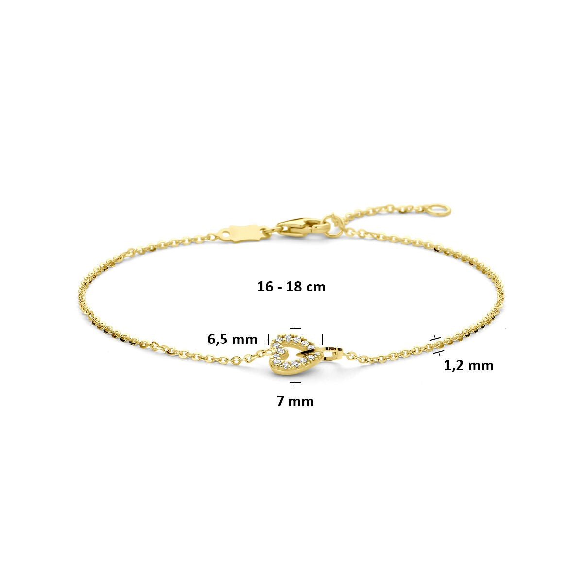 pulsera de oro amarillo con corazones y circonitas