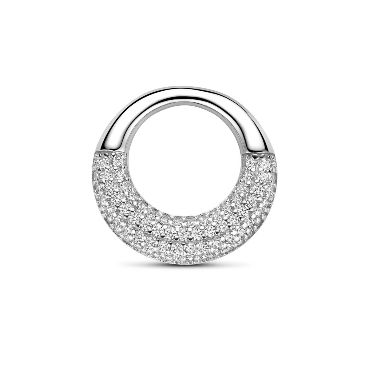 Colgante de plata con zircón pavé, acabado en rodio, forma circular y brillante.