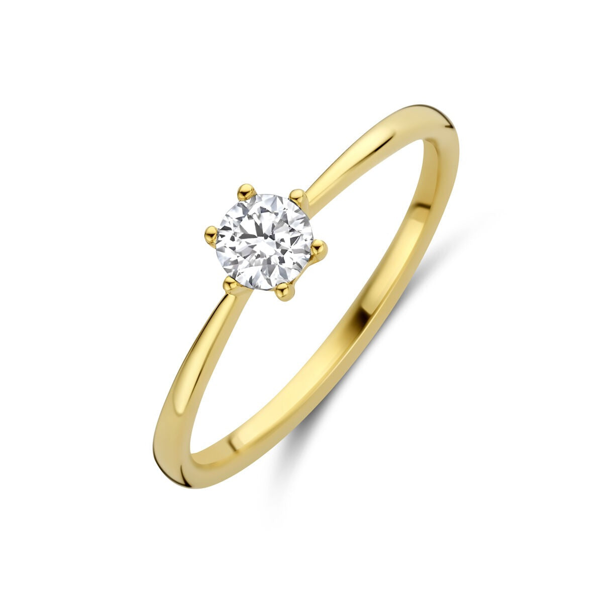 Anillo de dama en oro amarillo de 14k con diamante lab-grown, diseño sencillo y brillante.