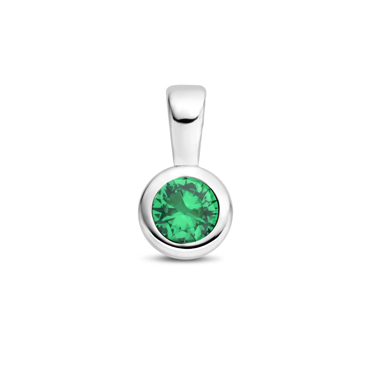 Colgante de plata rodiada con piedra de nacimiento verde.