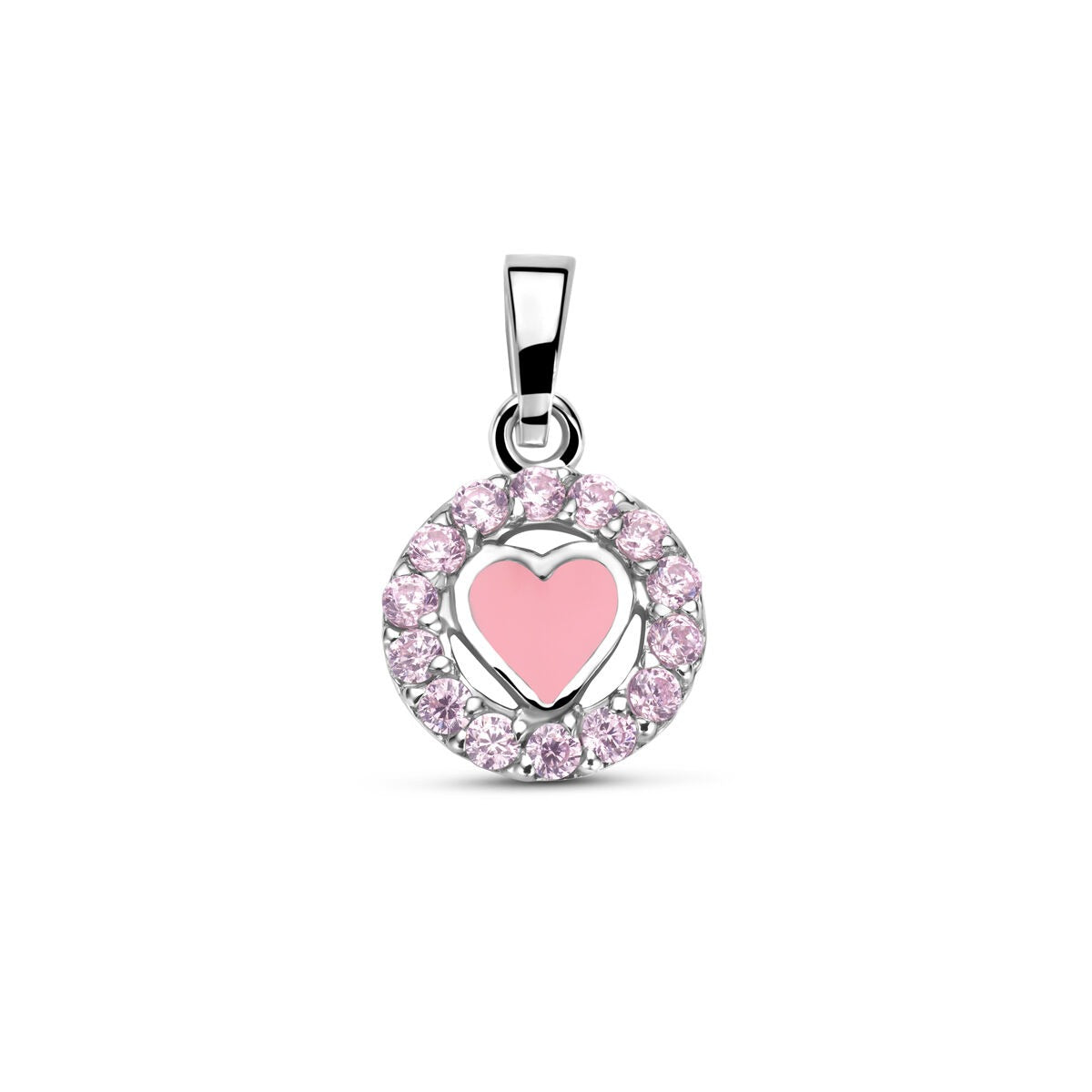 Colgante plateado con corazón de esmalte rosa y circonitas alrededor, mide 15 x 9 mm.
