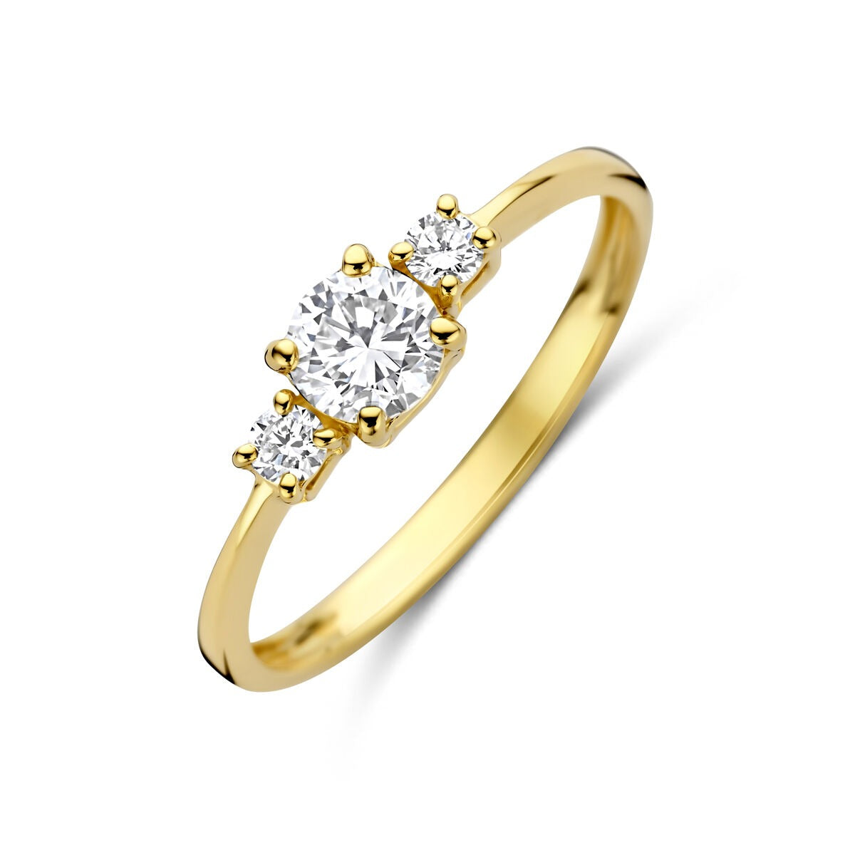 Anillo de oro amarillo de 14k con diamante cultivado en laboratorio y dos diamantes laterales.
