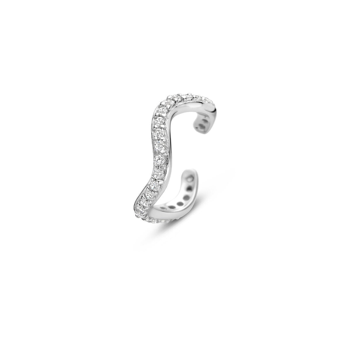 Ear cuff de plata con circonitas, acabado rodiado, en forma ondulada.
