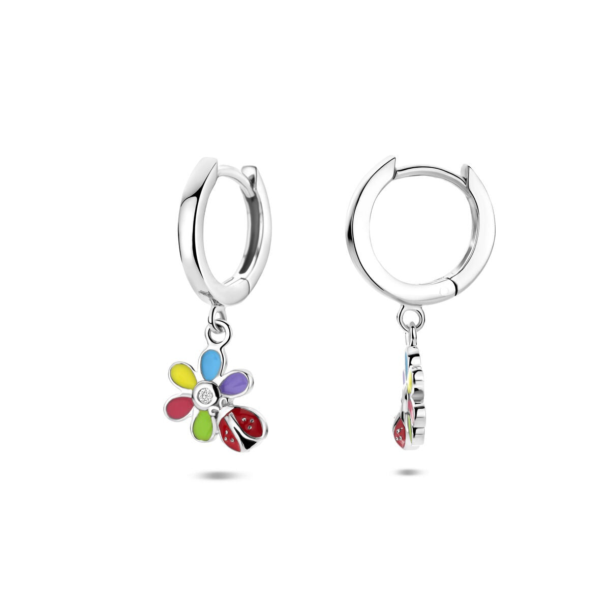 Pendientes infantiles de plata con flor, circonita y mariquita – Pendientes infantiles