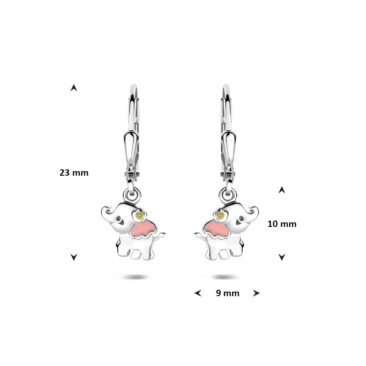 Pendientes infantiles de elefante – plata rodiada 925 con esmalte y circonitas 23 mm