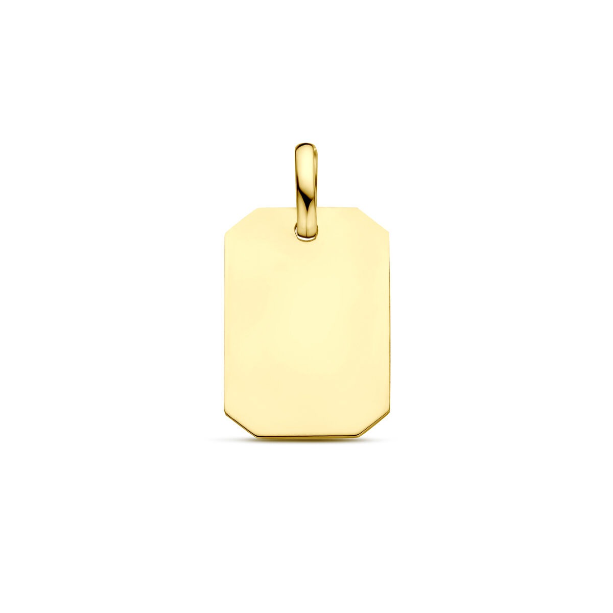 Colgante rectangular en color dorado, con acabado pulido y superficie lisa para grabado.