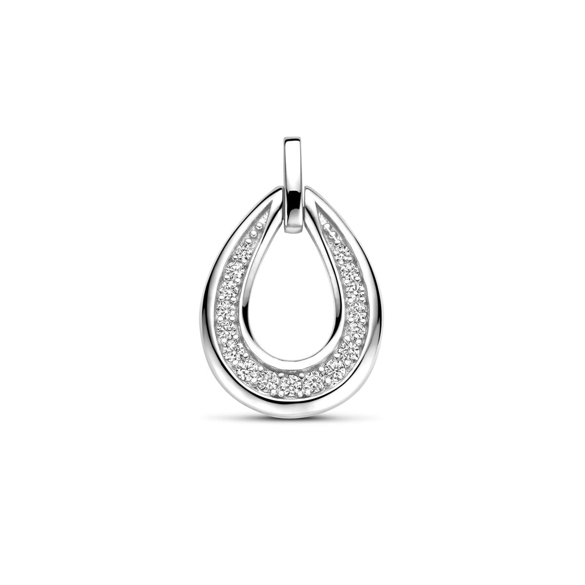 Colgante de plata rodiada con zirconias en engaste de entorno en forma de gota.