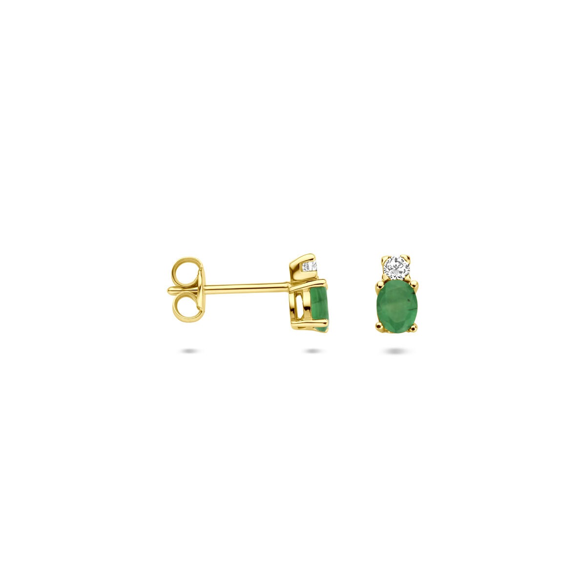 Pendientes de botón de oro amarillo con esmeralda y circonita – 6 x 3 mm