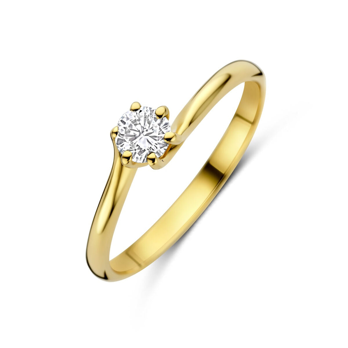 Anillo de oro amarillo de 14k con diamante cultivado en laboratorio, diseño sencillo y brillante.