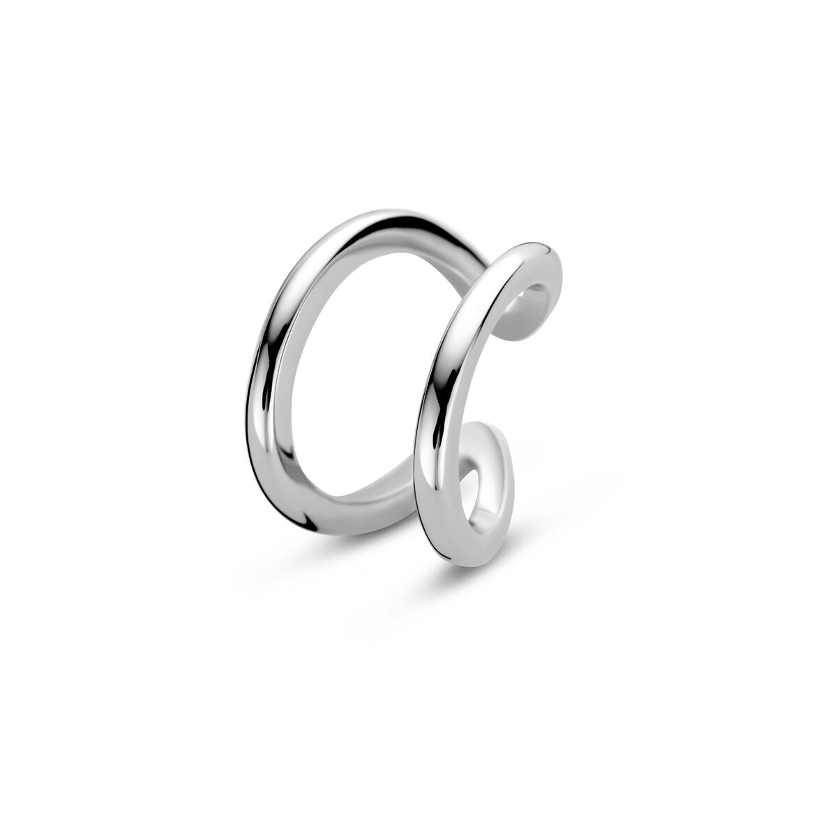 Ear cuff de plata rodiada para dama con diseño ondulado y acabado brillante.