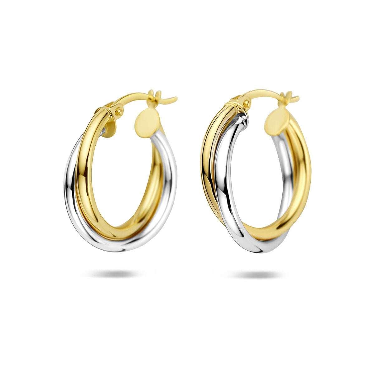 Aros bicolores de 14k en oro amarillo y blanco, con un diseño entrelazado y acabado brillante.