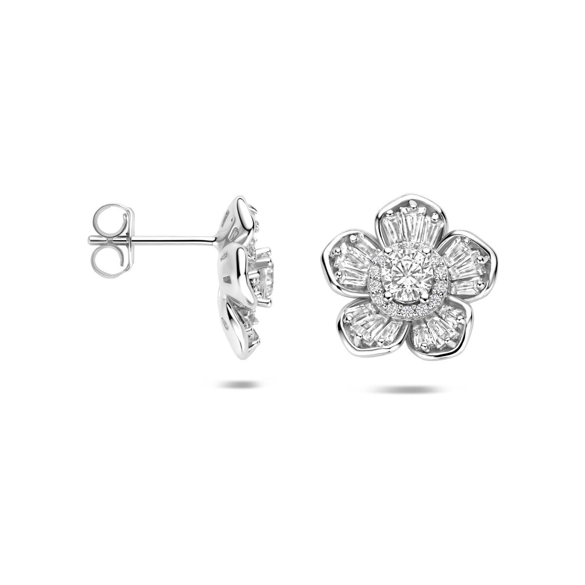 Pendientes de botón de plata rodiada con flor y circonitas