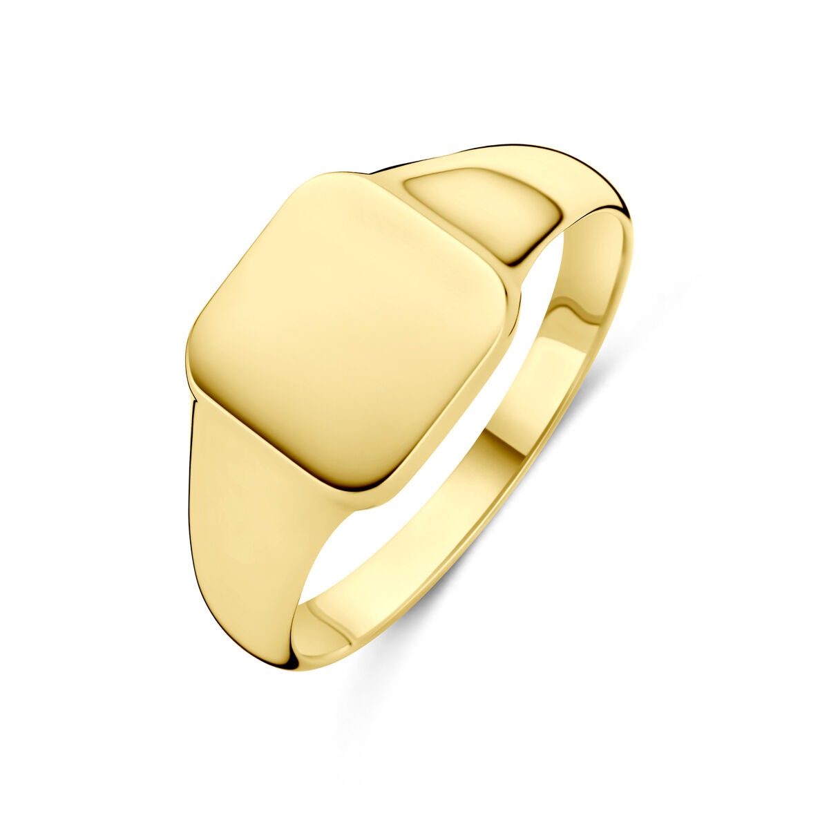 Anillo de oro amarillo de 14k con diseño cuadrado y acabado pulido.