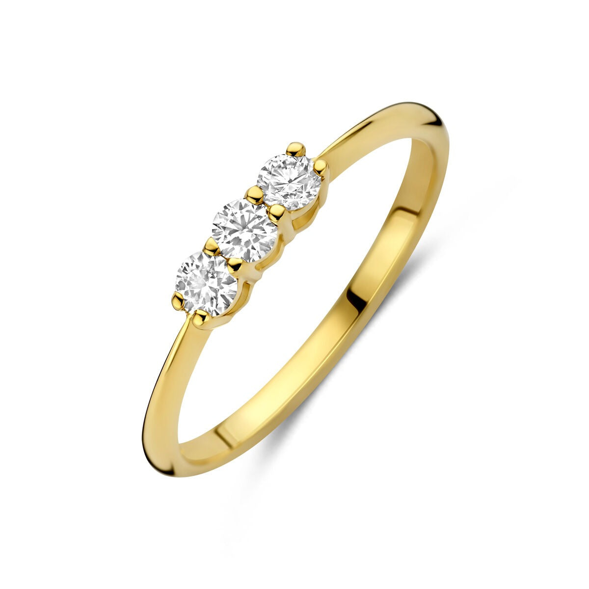Anillo de oro amarillo de 14k con tres diamantes lab-grown en engaste de garra.