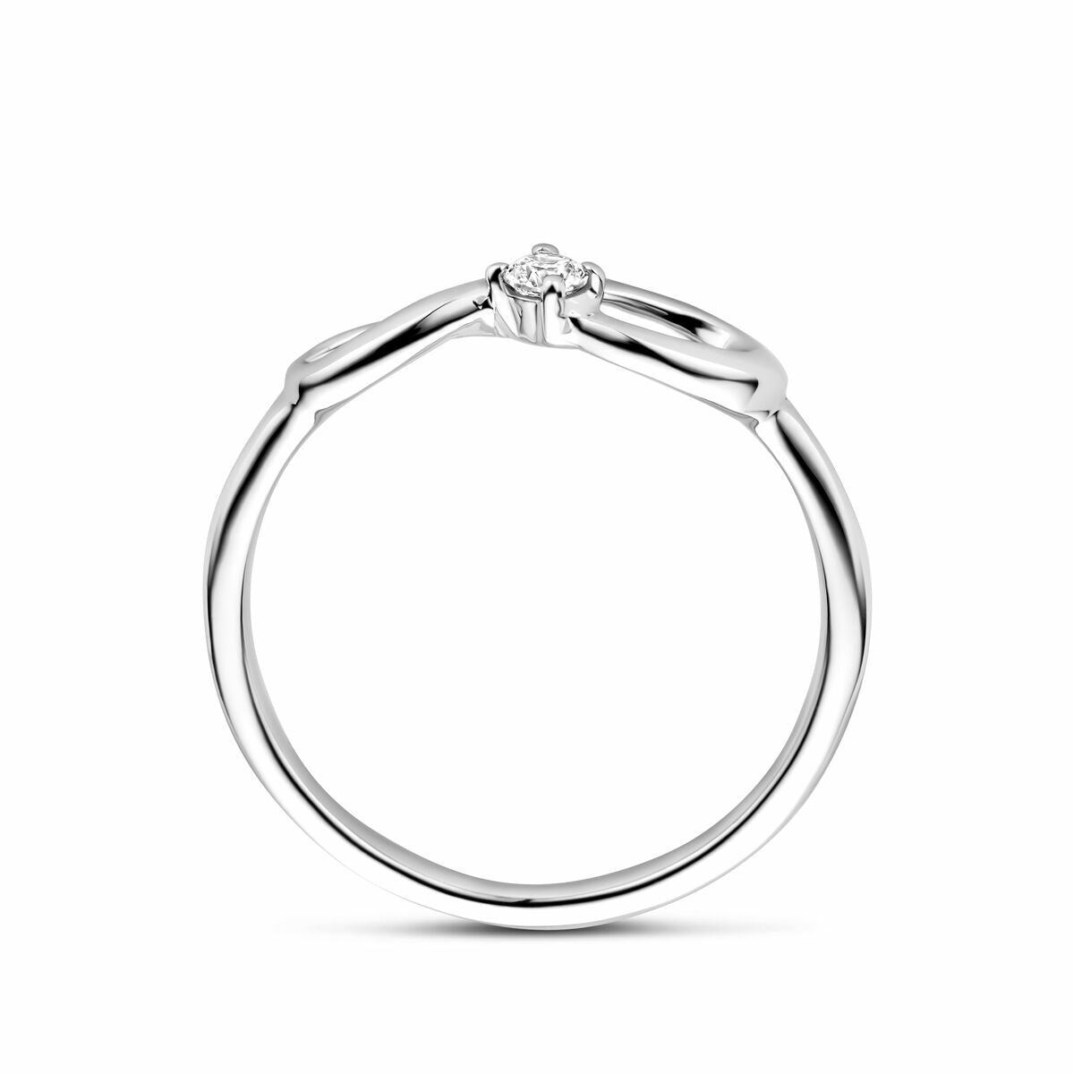 Anillo de mujer de plata rodiada con símbolo de infinito y circonitas – 6,5 mm de ancho