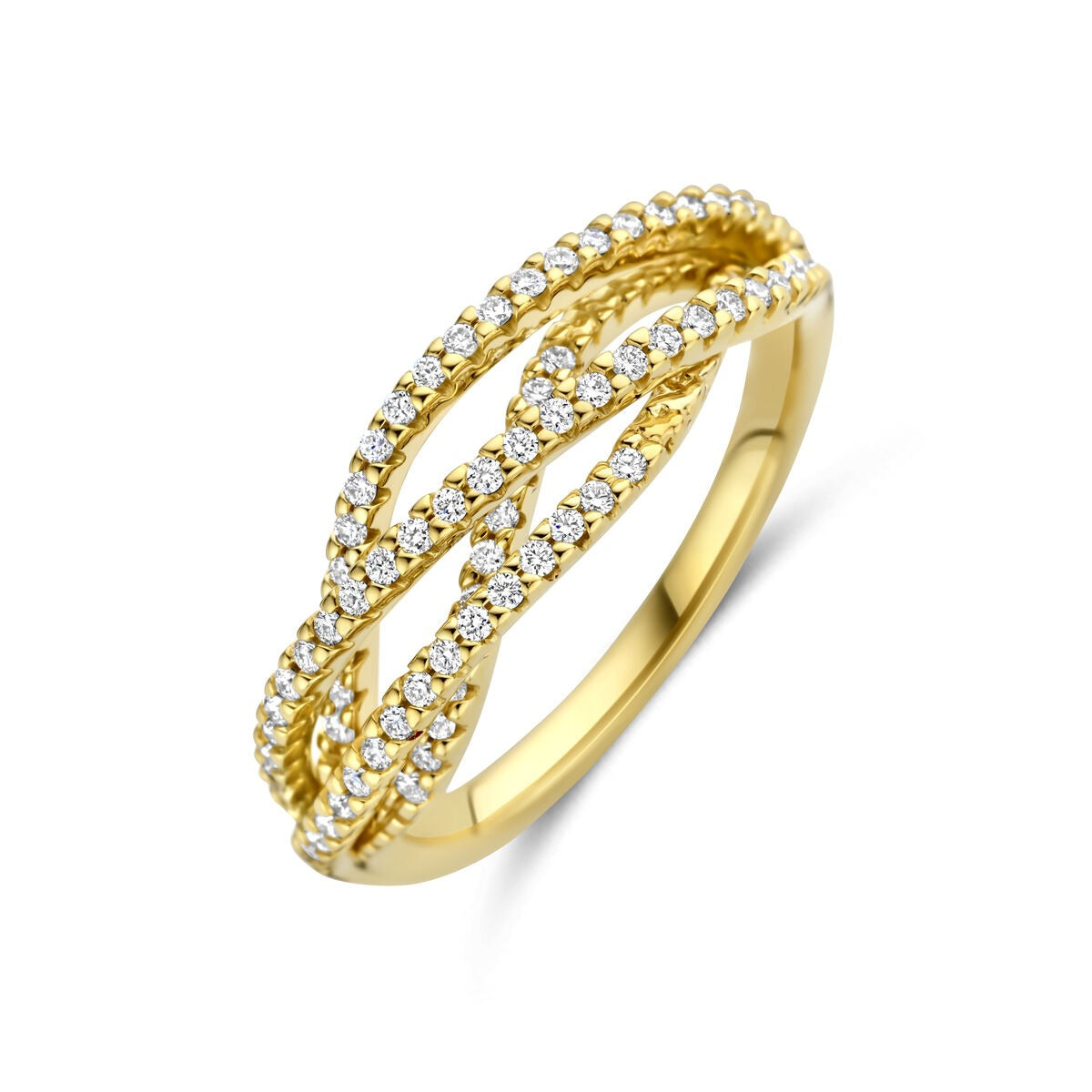 Anillo de dama en oro amarillo de 14k con diamantes, diseño entrelazado y brillante.