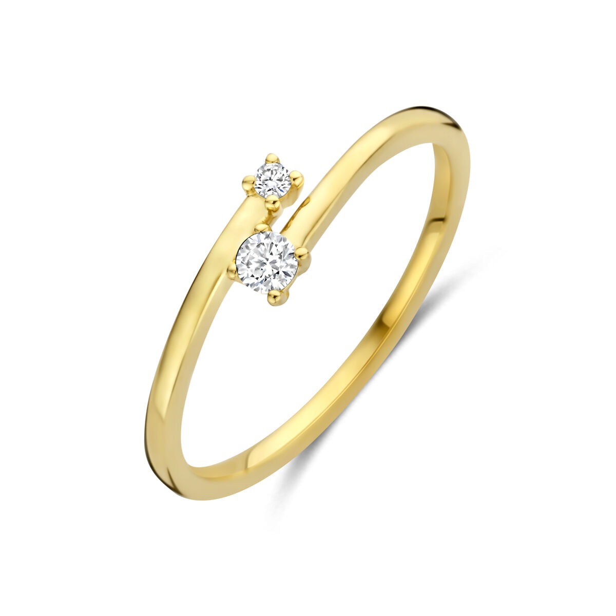 Anillo de dama en oro amarillo de 14k con dos diamantes brillantes.