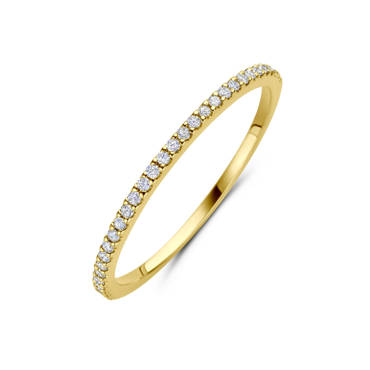 Anillo de dama de oro amarillo de 14k con diamantes, diseño fino y delicado.