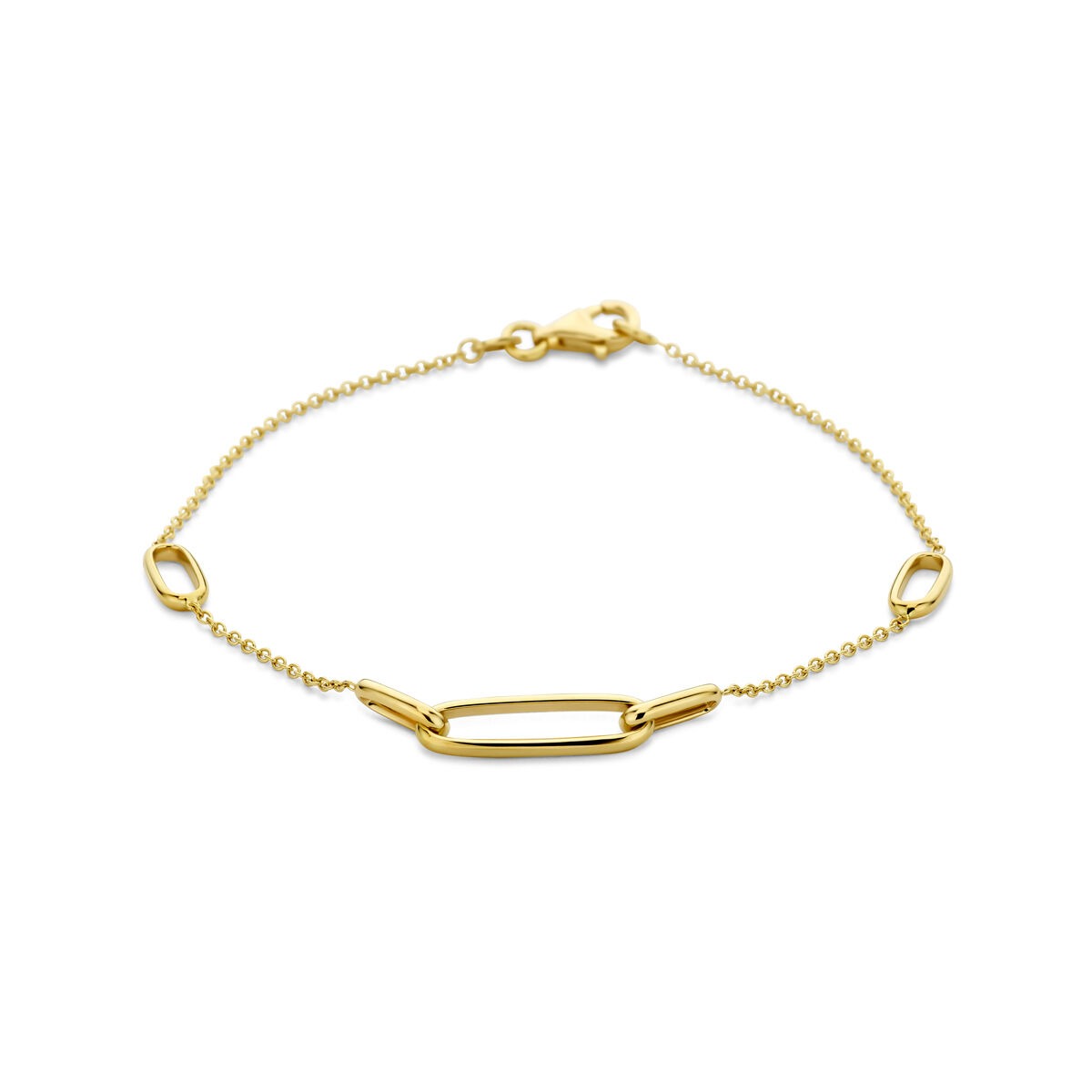 Pulsera dorada de 14k con diseño de eslabones finos de 1,2 mm.