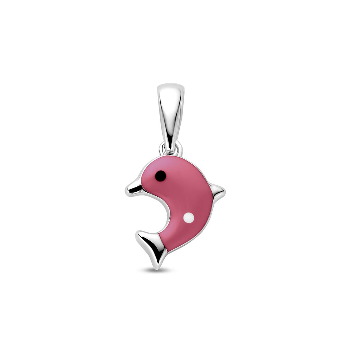 Colgante de delfín en plata rodiada con esmalte rosa y detalles en negro y blanco.
