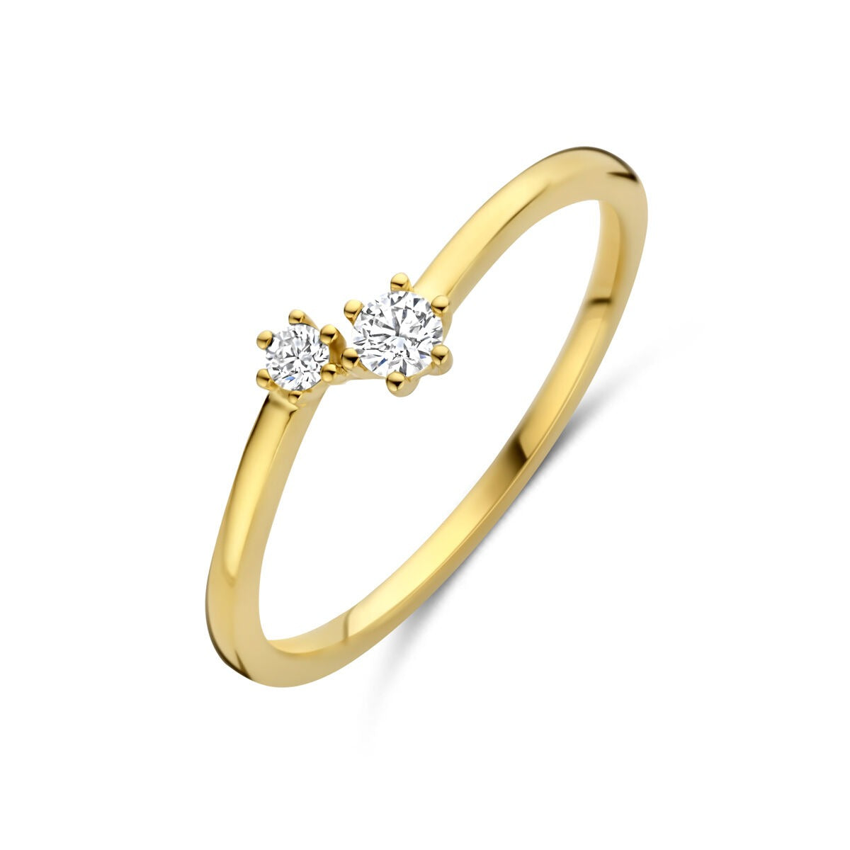 Anillo de dama en oro amarillo de 14k con dos diamantes brillantes.