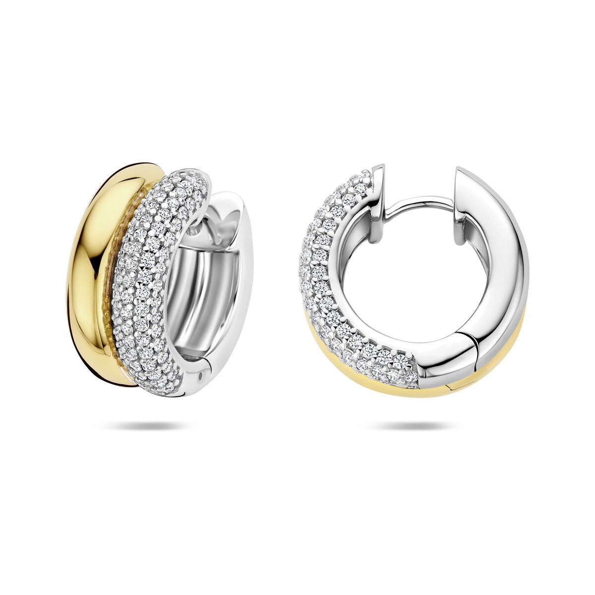 Aros chapados en oro de plata de mujer con circonitas – aros bicolor de 17.5 mm