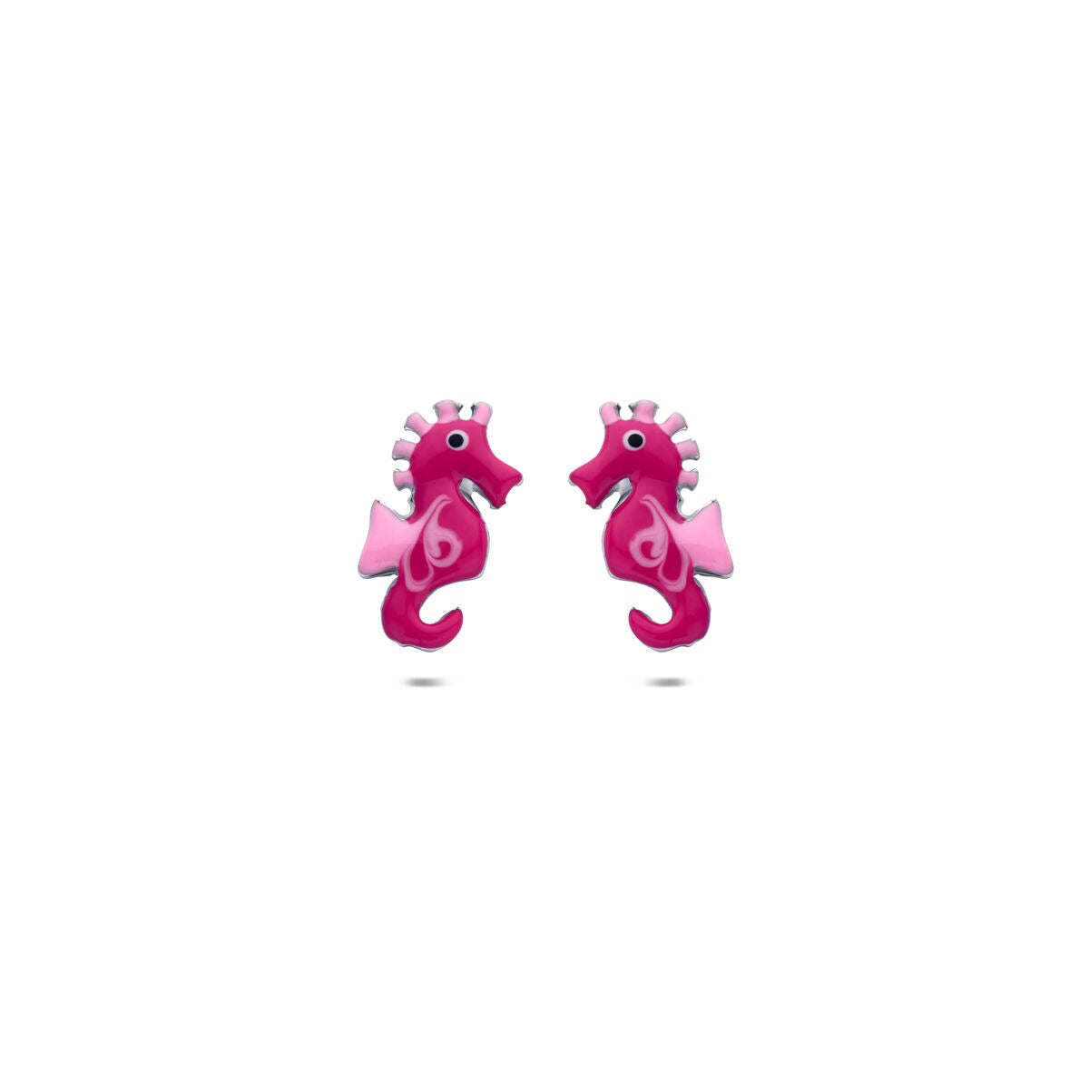 Pendientes de primera puesta en forma de caballito de mar, en tonos rosa y plateado.