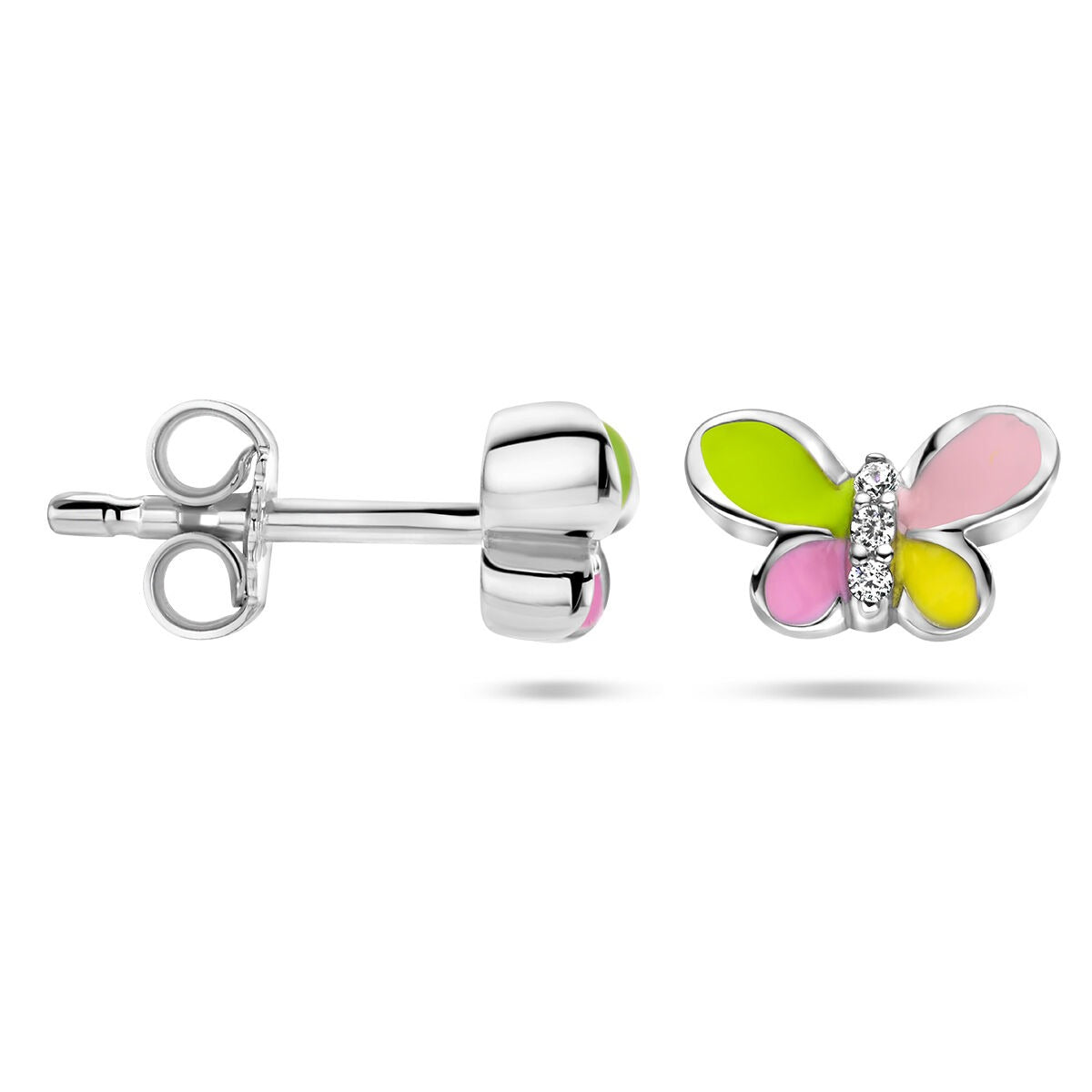 Pendientes de botón de plata rodiada con mariposa y circonitas