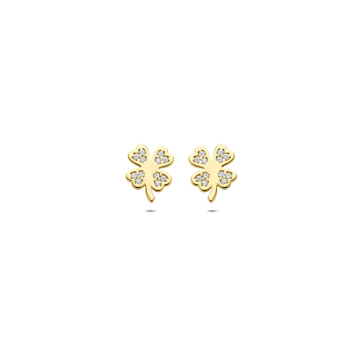 Pendientes de oro amarillo de 14k en forma de trébol con circonitas, de 7.5 x 6 mm.