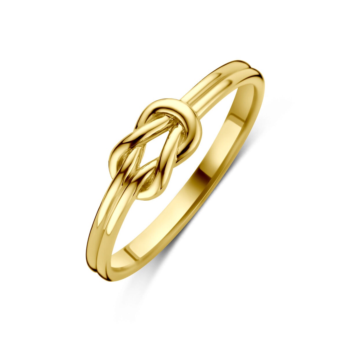 Anillo de dama en oro amarillo de 14k con diseño de nudo entrelazado.