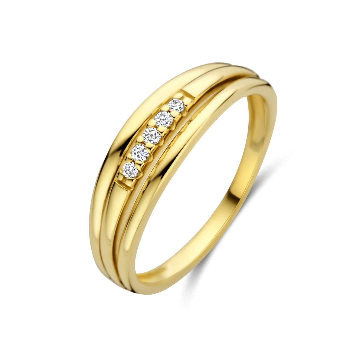 Anillo de dama en oro amarillo de 14k con cinco diamantes en línea.